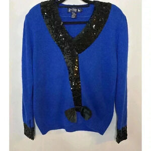Le Chois Vintage Sweater Womens Large Silk Angora Wool Blend Sequin Holiday Blue
